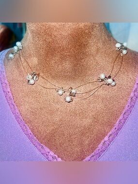Sterling silver Multi-Strand faux Pearl Cluster Necklace.